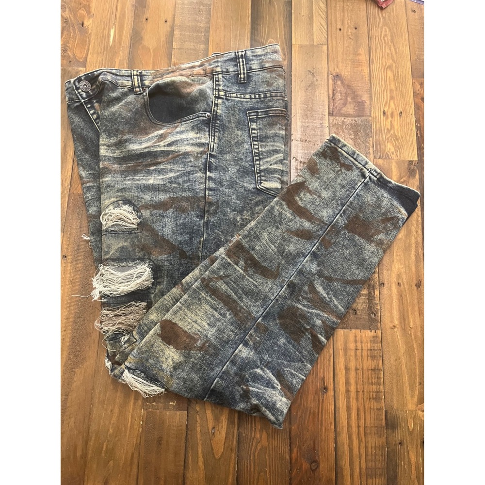 STITCHES & RIVETS Distressed Camo Acid Wash Jeans Mens 40 Blue Streetwear Edgy